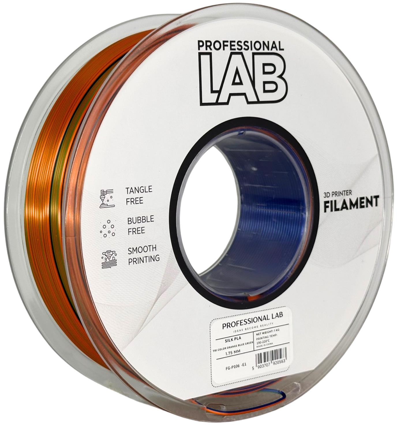 PLA silk tri color orange blue green (oranžinė, mėlyna, žalia) 1,75 mm, 1 kg – Prof. Lab