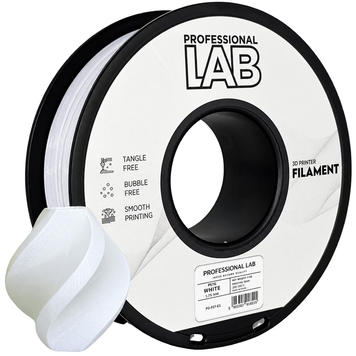 PETG White (baltas) 1,75 mm, 1 kg – Prof. Lab