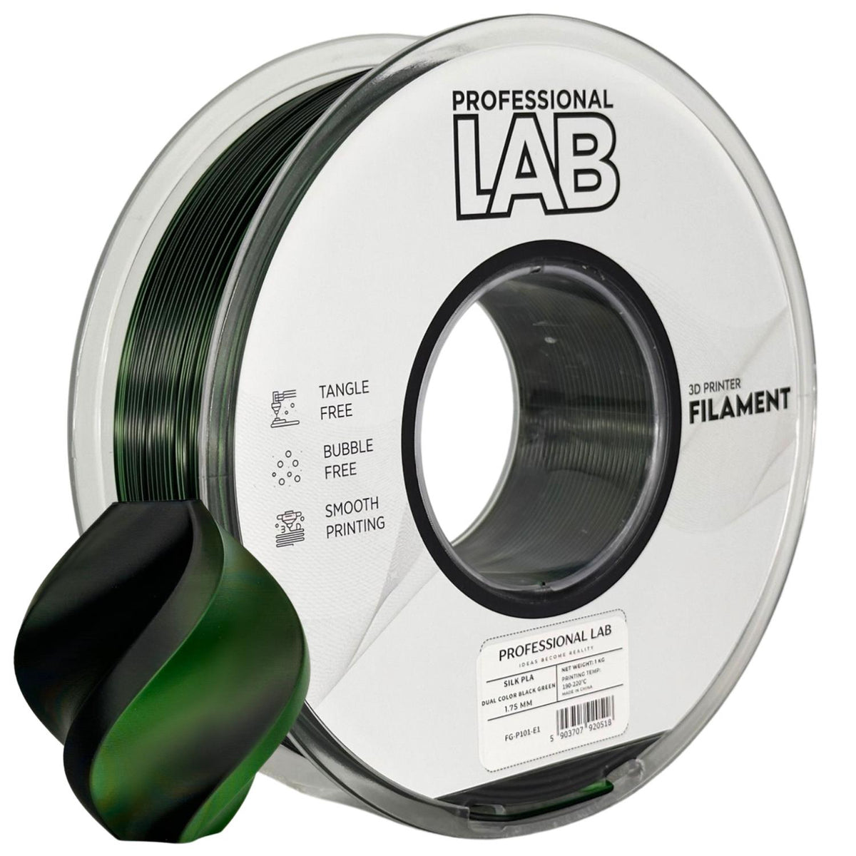 Silk PLA dual color black green (juoda,žalia) 1,75 mm, 1 kg – Prof. Lab