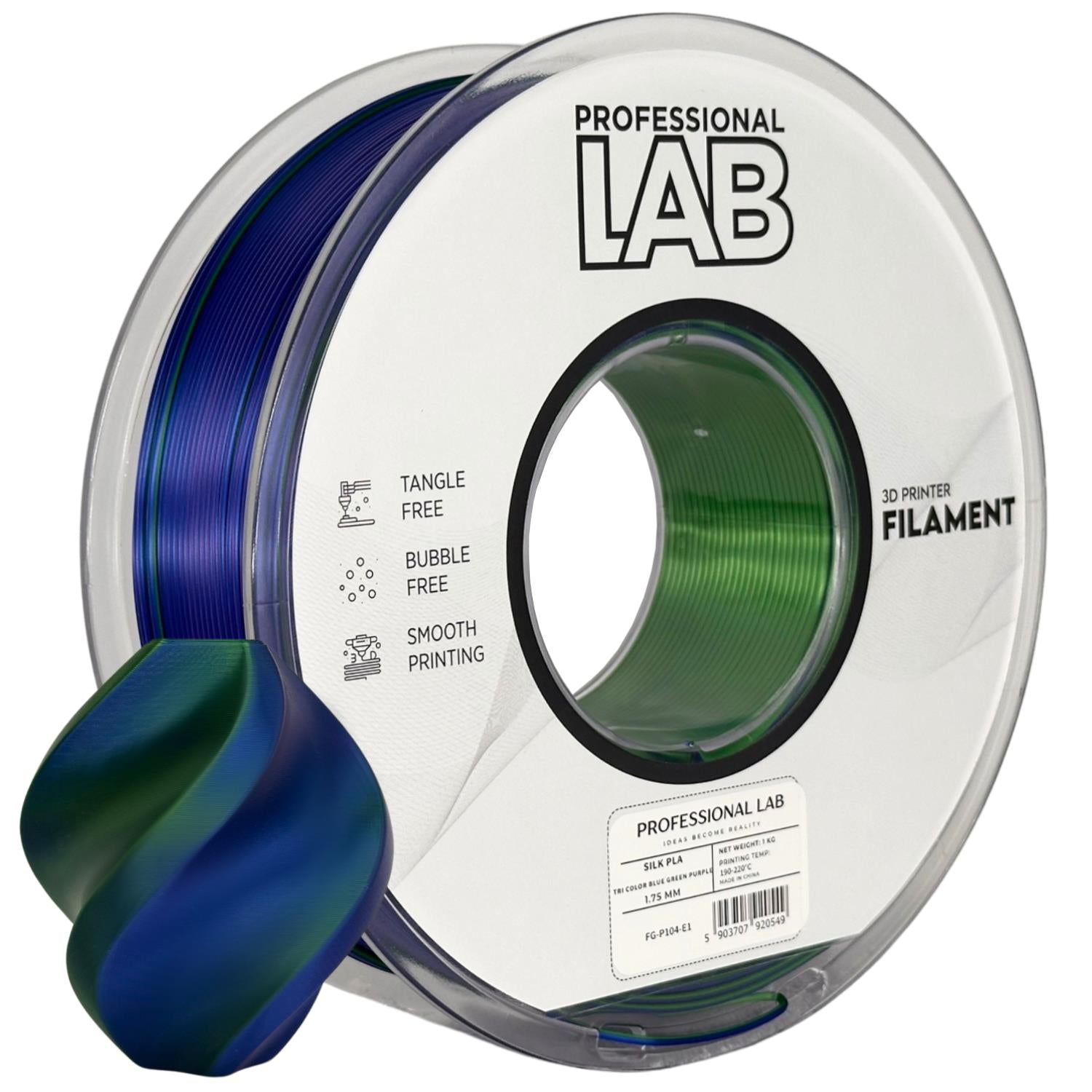PLA silk tri color blue green purple (mėlyna, žalia, violetinė) 1,75 mm, 1 kg – Prof. Lab