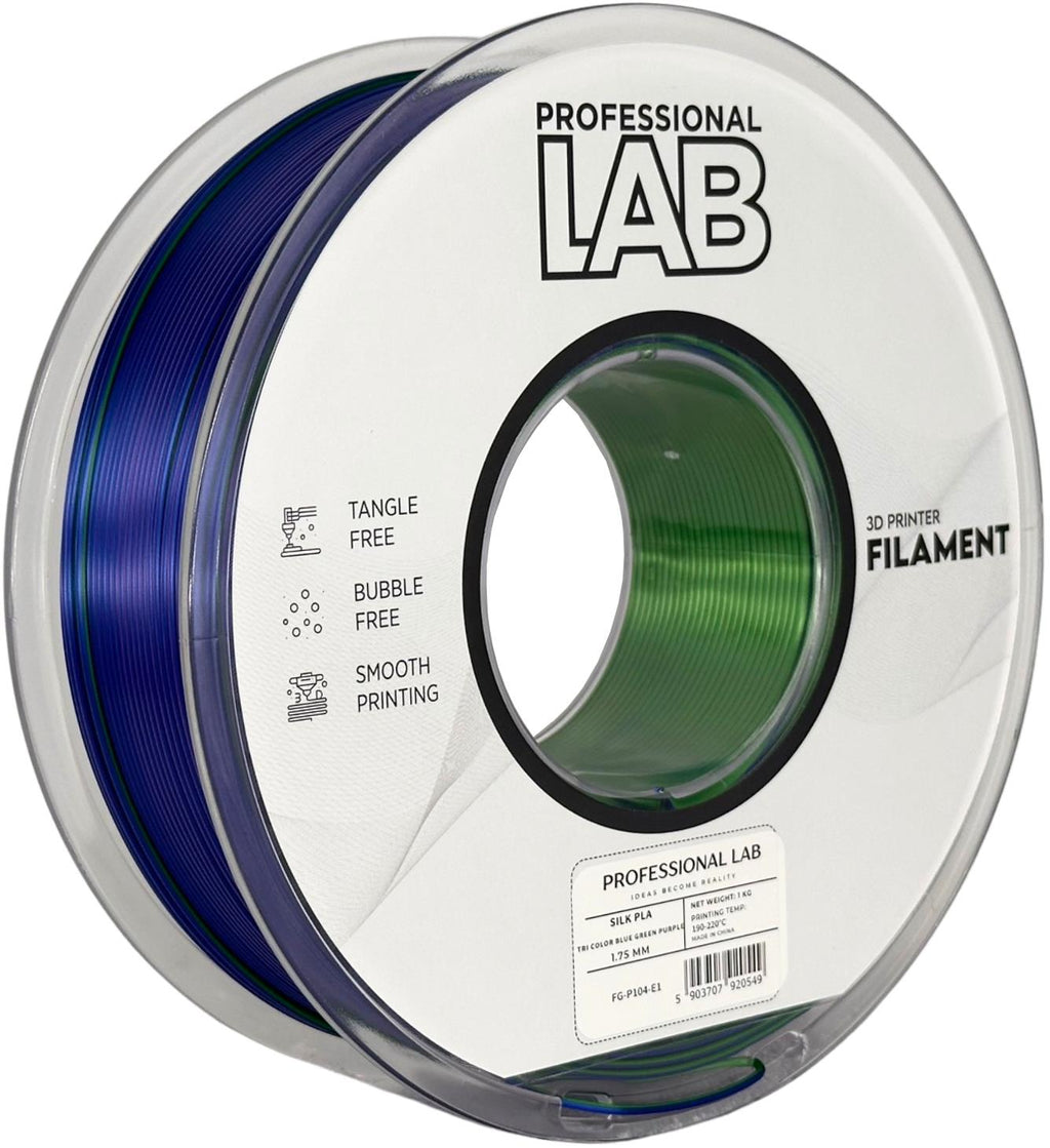 PLA silk tri color blue green purple (mėlyna, žalia, violetinė) 1,75 mm, 1 kg – Prof. Lab