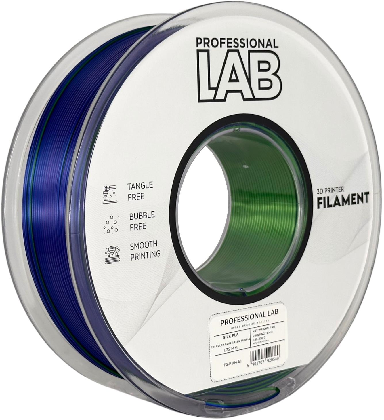 PLA silk tri color blue green purple (mėlyna, žalia, violetinė) 1,75 mm, 1 kg – Prof. Lab