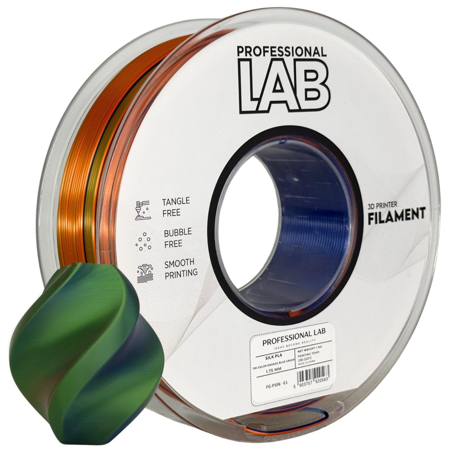 PLA silk tri color orange blue green (oranžinė, mėlyna, žalia) 1,75 mm, 1 kg  – Prof. Lab