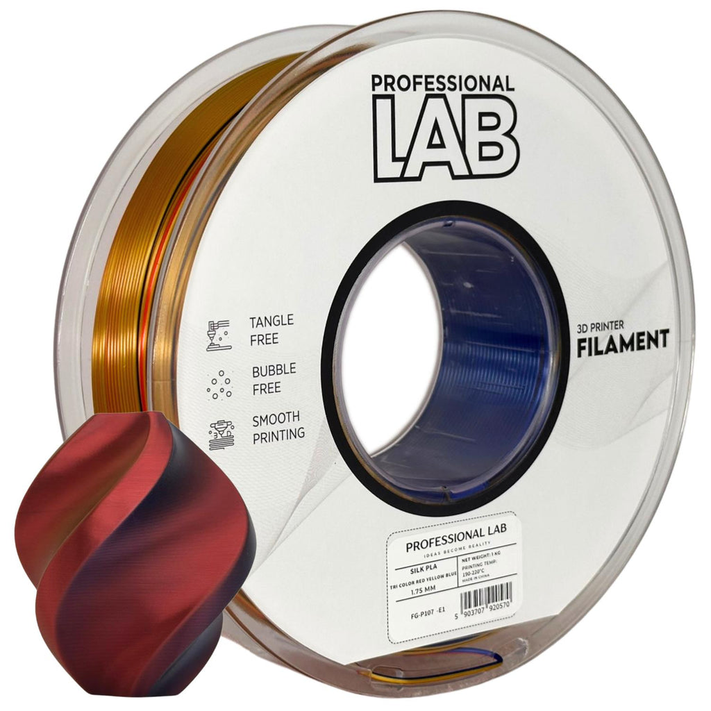 PLA silk tri color red yellow blue (raudona, geltona, mėlyna)  1,75 mm, 1 kg – Prof. Lab