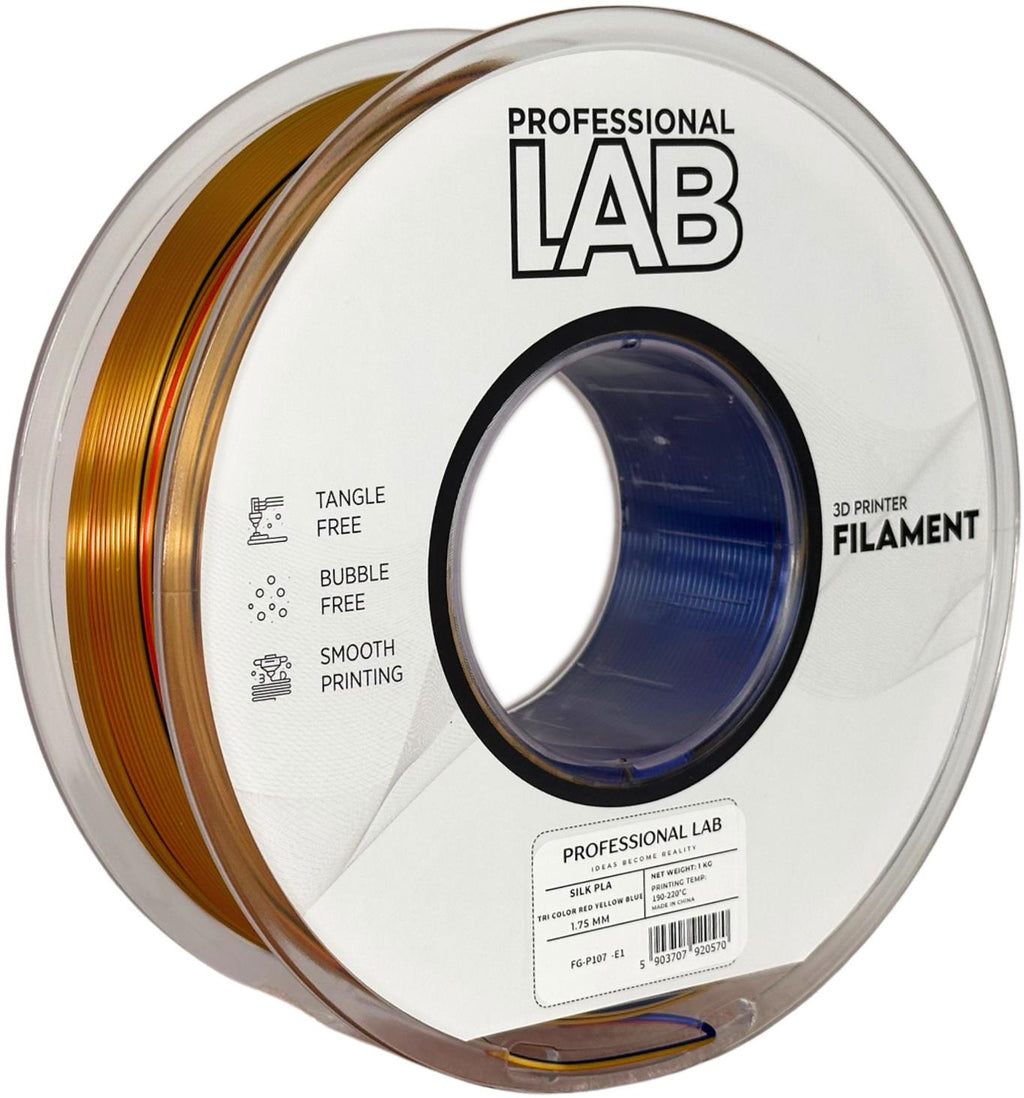 PLA silk tri color red yellow blue (raudona, geltona, mėlyna)  1,75 mm, 1 kg – Prof. Lab