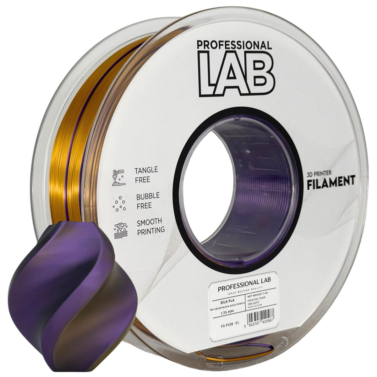 Silk PLA tri color black gold purple (juoda, auksinė, violetinė) – Prof. Lab