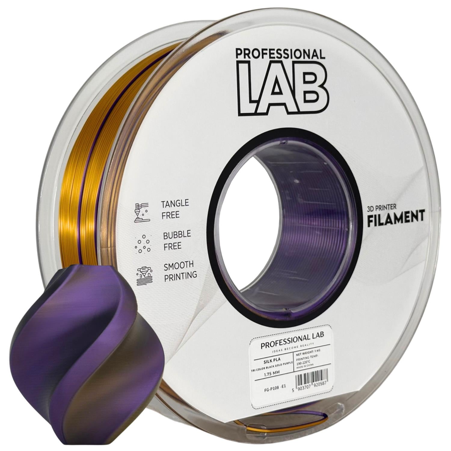 PLA silk tri color black gold purple (juoda, auksinė, violetinė) – Prof. Lab