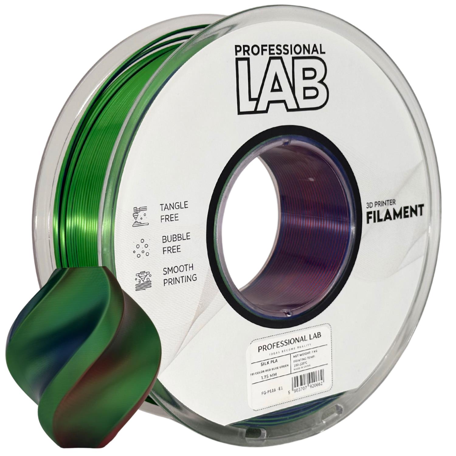 PLA silk tri color red blue green (raudona,mėlyna,žalia) 1,75 mm, 1 kg – Prof. Lab