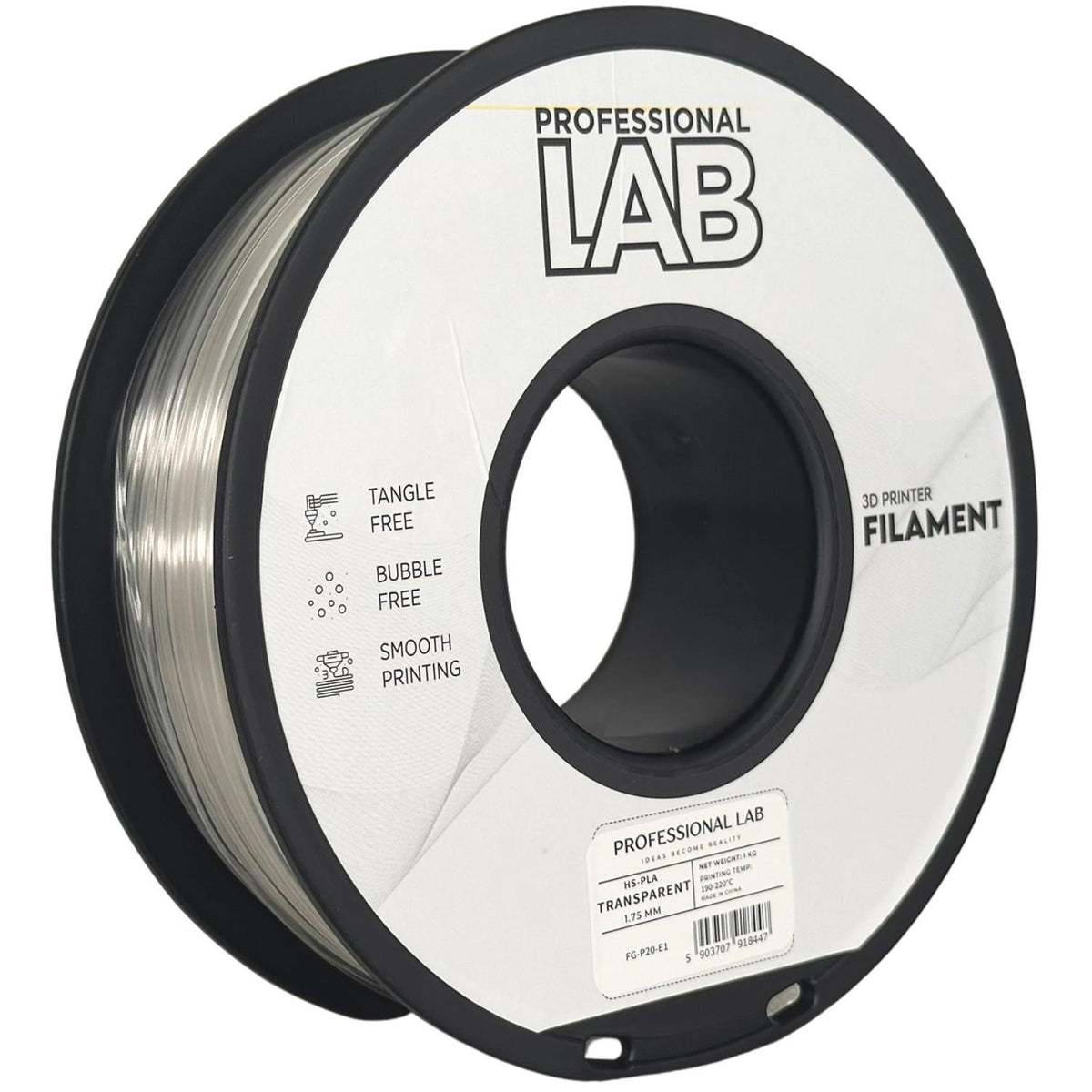 HS-PLA Transparent (skaidrus) 1,75 mm, 1 kg – Prof. Lab