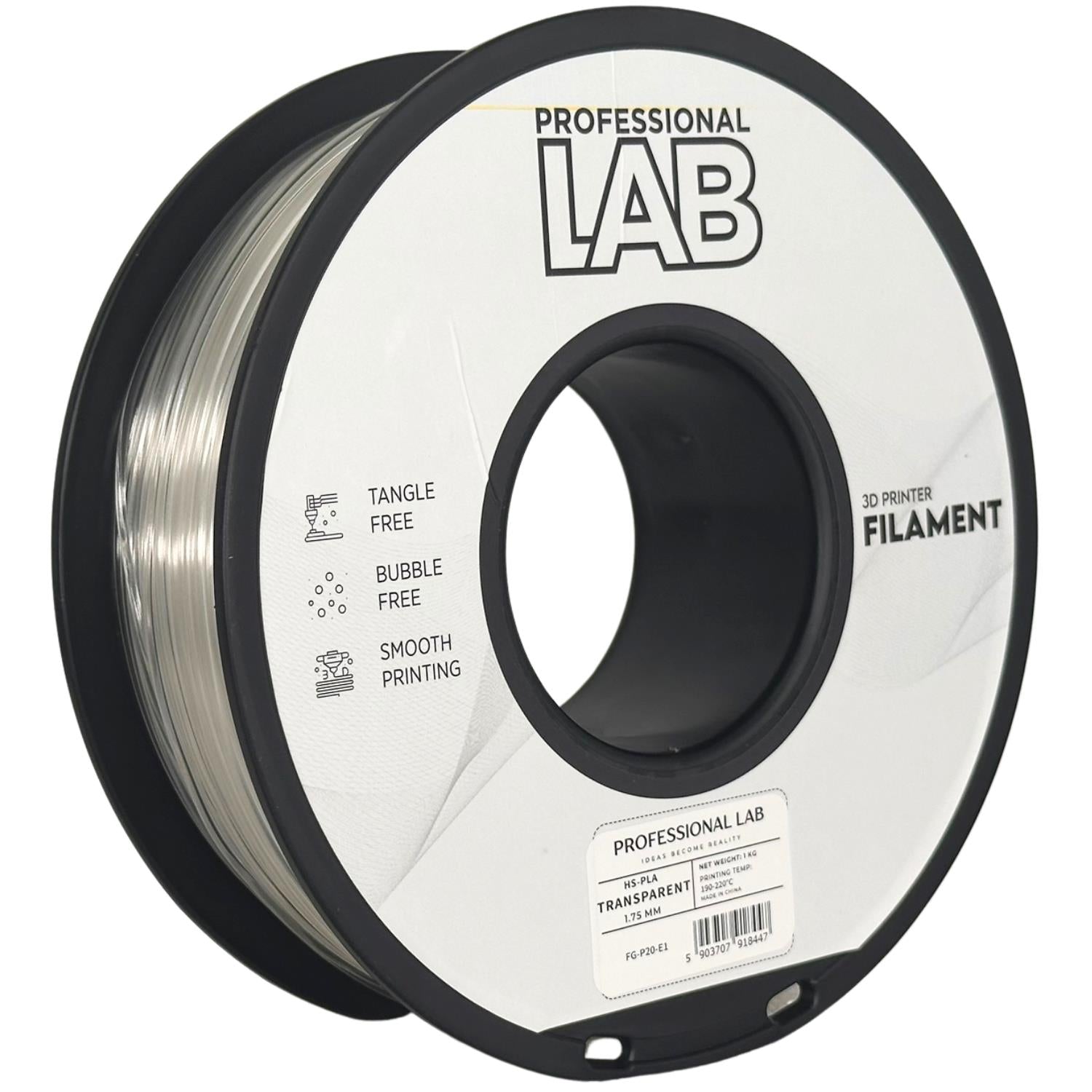 HS-PLA Transparent (skaidrus) 1,75 mm, 1 kg – Prof. Lab