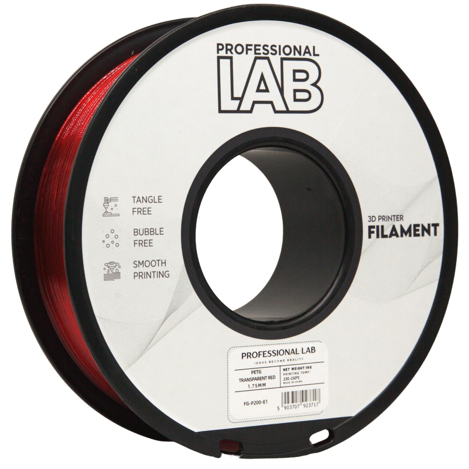 PETG Transparent Red (skaidri raudona) 1,75 mm, 1 kg – Prof. Lab