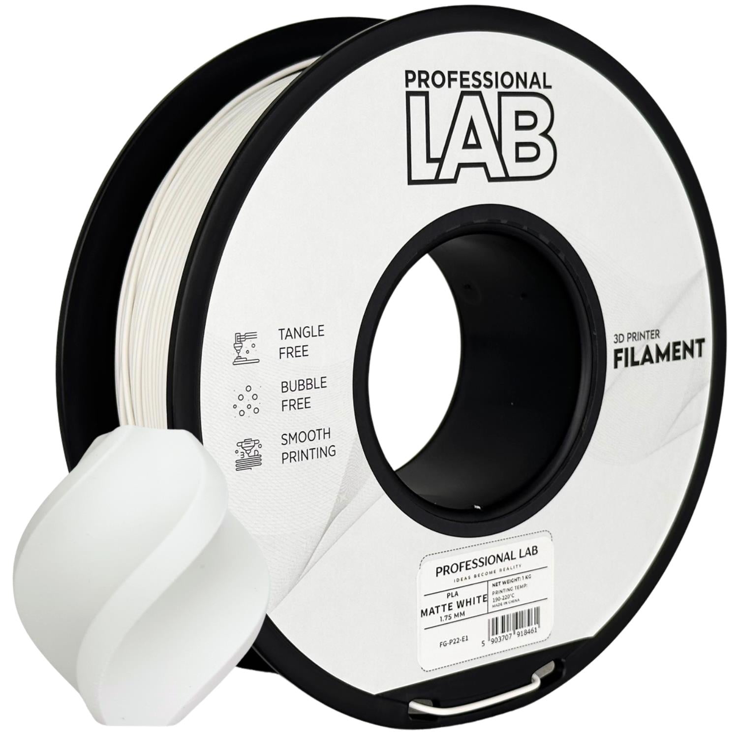 PLA Matte White (matinė balta) 1,75 mm, 1 kg – Prof. Lab