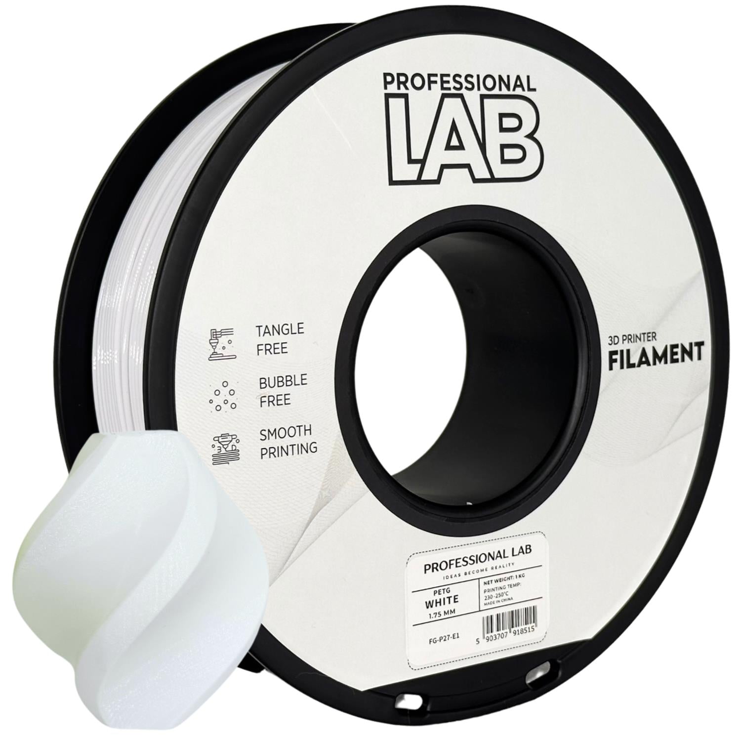 PETG White (baltas) 1,75 mm, 1 kg – Prof. Lab