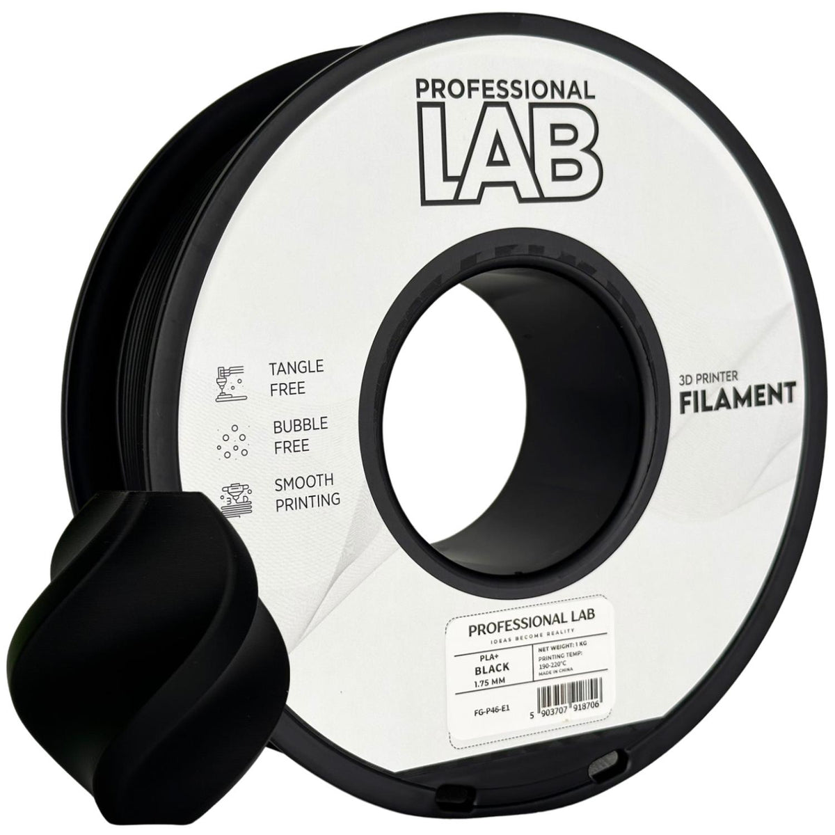 PLA+ black (juodas) 1,75 mm, 1 kg –  Prof. Lab