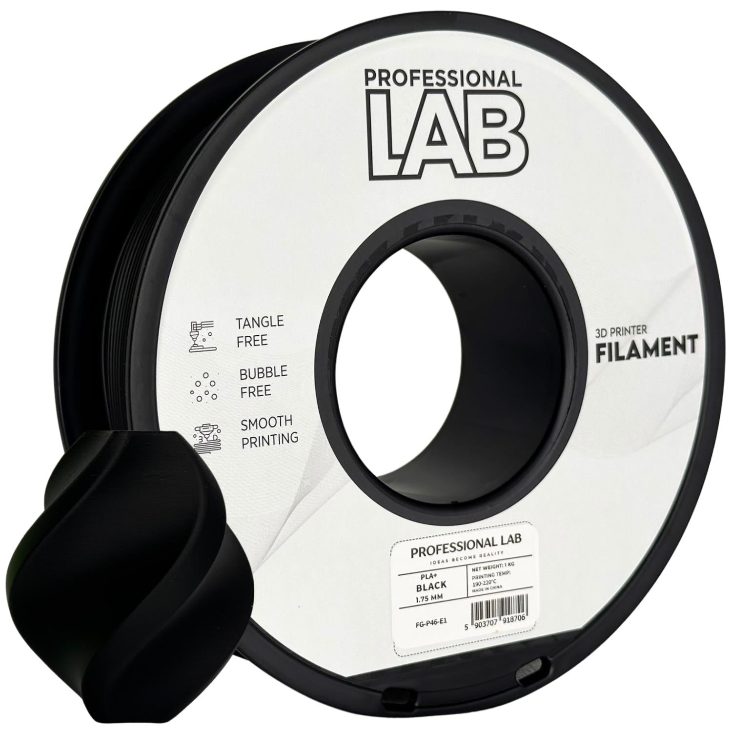 PLA+ black (juodas) 1,75 mm, 1 kg –  Prof. Lab