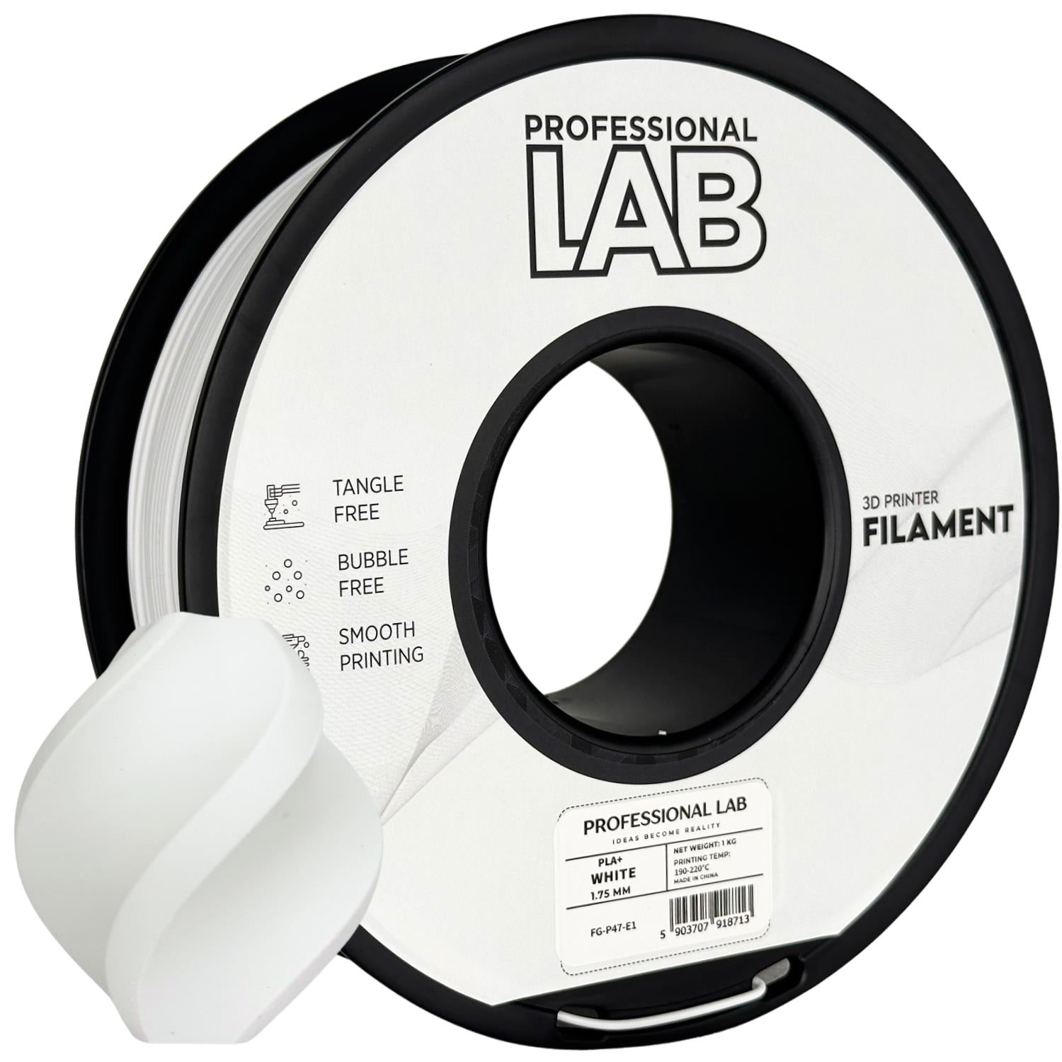 PLA+ white (baltas) 1,75 mm, 1 kg –  Prof. Lab