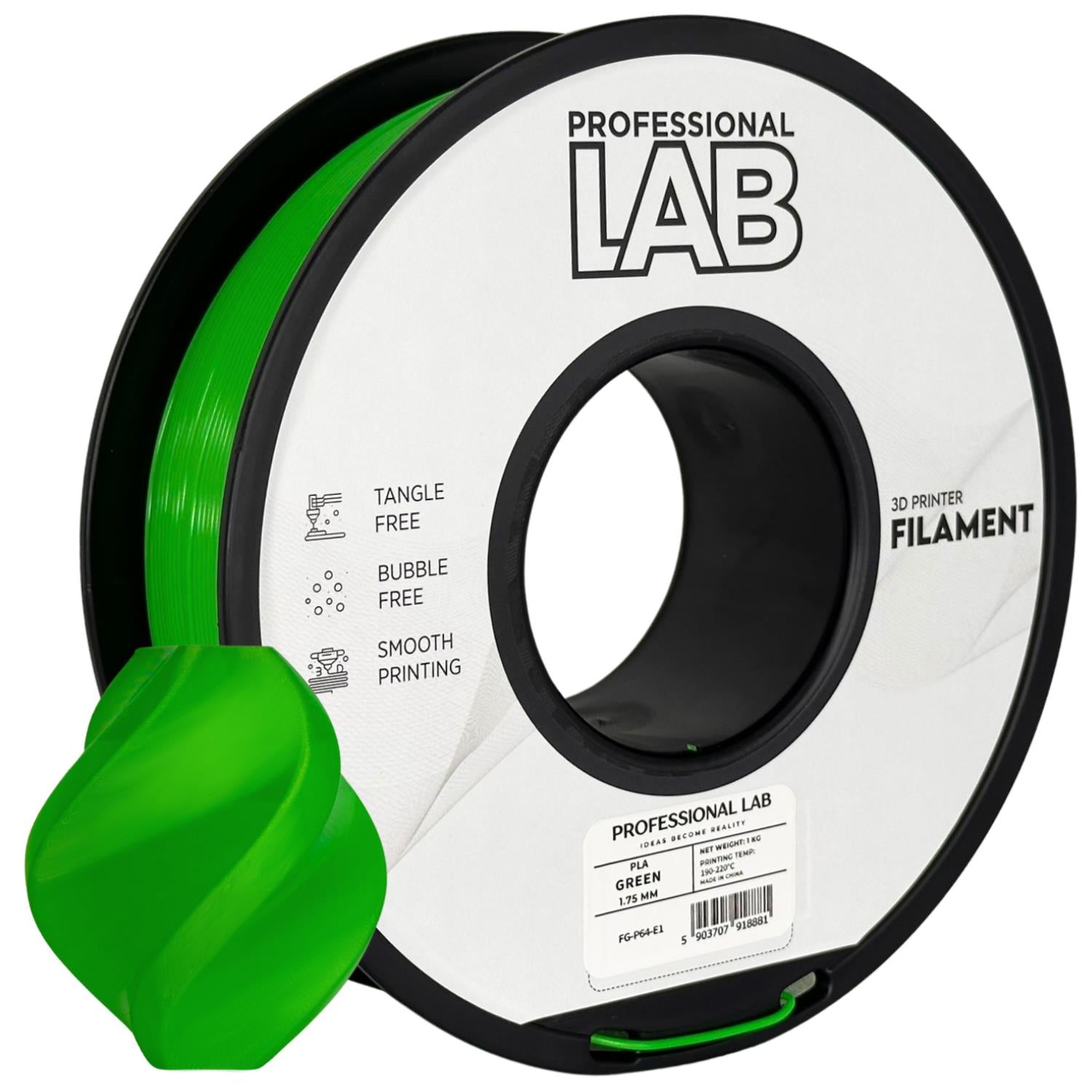 PLA+ Green (žalia) 1,75 mm, 1 kg – Prof. Lab