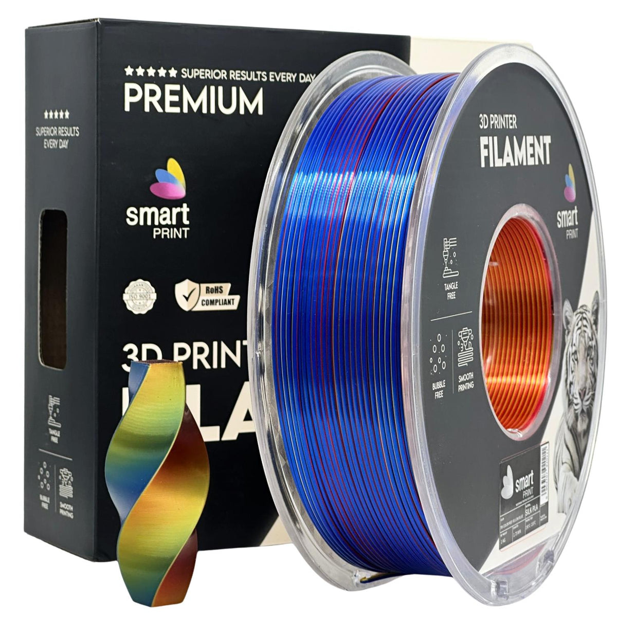 Silk PLA Tri Color Red Yellow Blue (raudona, geltona, mėlyna) 1,75 mm, 1 kg – Smart Print